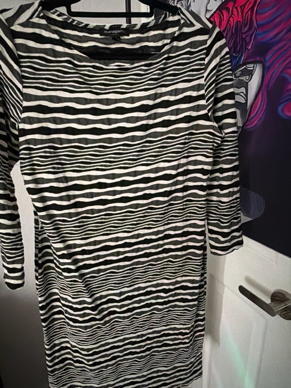 Sharagano Black & White Striped Long Sleeve Sheath Dress